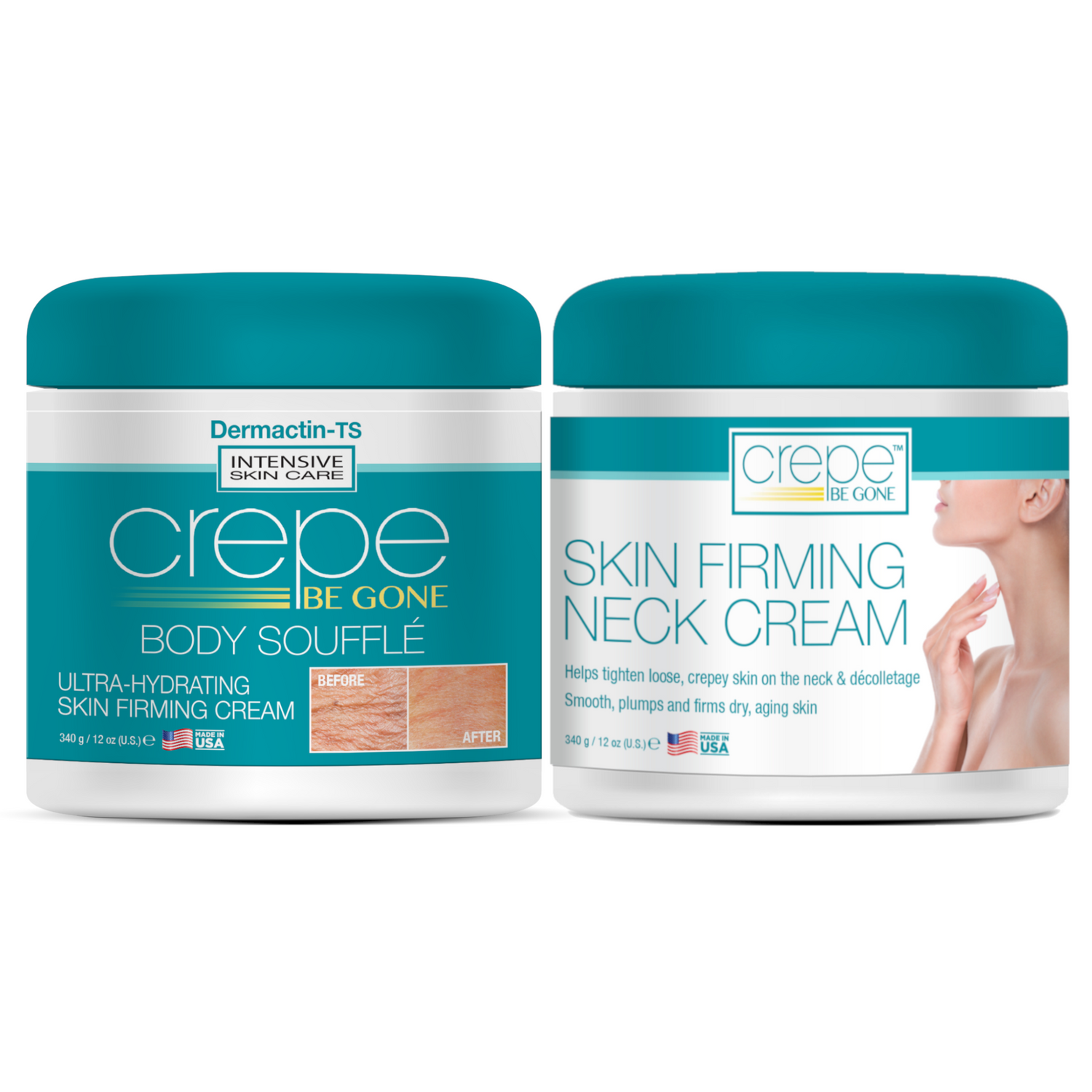 Crepe Be Gone Classic Body Souffle 12 oz. AND Firming Neck Cream 12 ounce (LARGE 2-PC SET)